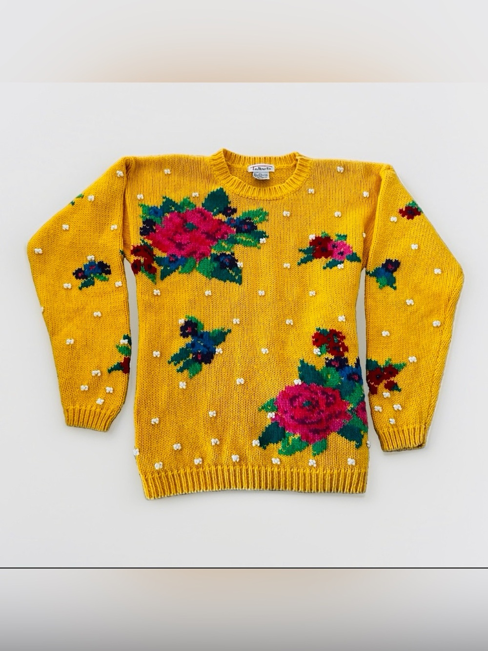 VTG 90s Talbots Floral Bobble Knit Sweater Yellow Ramie Cotton Popcorn Rose S